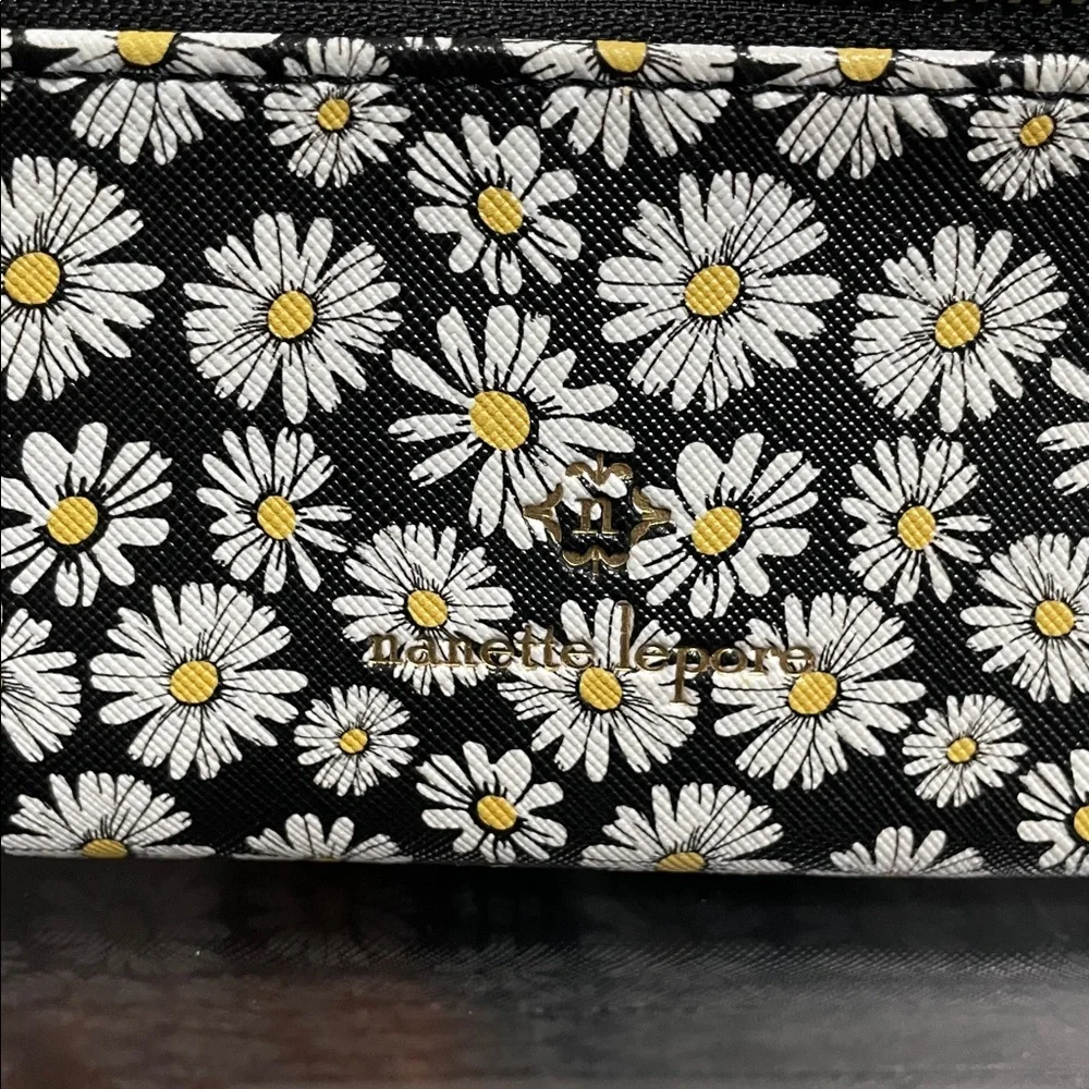 Nanette Lepore Black Daisy Print Wristlet Clutch with Yellow Centers